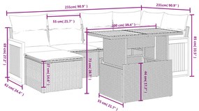 6 pcs conjunto sofás de jardim c/ almofadões vime PE preto