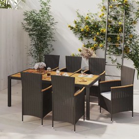 vidaXL 7 pcs conjunto jantar exterior com almofadões vime PE preto