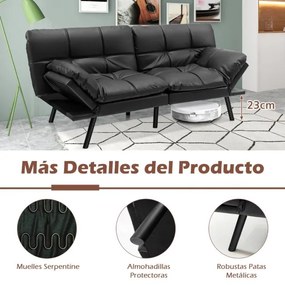 Sofá-cama dobrável de 3 lugares 182 x 87 x 82 cm PU Futon conversível de espuma viscoelástica com encosto e apoios de braços ajustáveis Preto