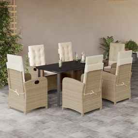 7 pcs conjunto de jantar p/ jardim com almofadões vime PE bege