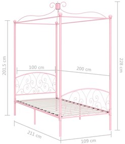 Estrutura de cama com dossel 100x200 cm metal cor-de-rosa