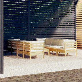 vidaXL 9 pcs conjunto lounge jardim c/ almofadões creme pinho maciço