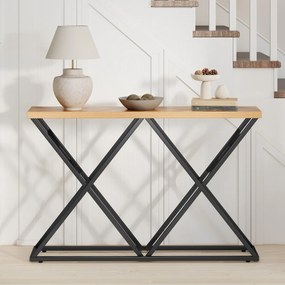 Mesa consola 140 x 29,5 x 90 cm em estilo rústico e industrial, com base metálica geométrica e tampo de madeira natural Natural e preta