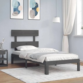 Estrutura cama de solteiro c/ cabeceira madeira maciça cinzento