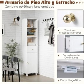Armário de casa de banho 40 x 30 x 172 cm estreito  com 3 prateleiras abertas, 1 gaveta, 1 porta e prateleira ajustável branco