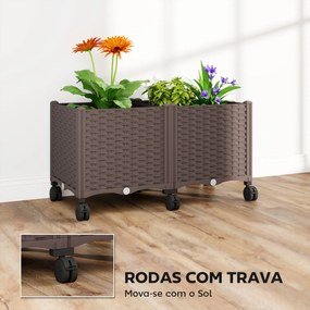 Floreira Elevada com 6 Rodas Autorrega e Drenagem Floreira para Jardim 80x40x43 cm Castanho