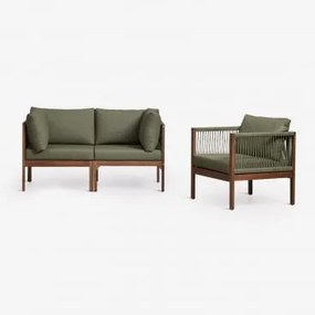 Conjunto De Sala Com Sofá Modular De 2 Peças Com Apoios De Braço E Poltrona Em Madeira De Acácia Branson Verde Oliva Intenso - Castanho Acacia Escuro