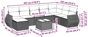 8 pcs conj. sofás jardim c/ almofadões vime PE cinzento-claro
