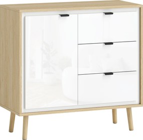 Aparador de Sala Moderno com 3 Gavetas Prateleira Ajustável e Pés em Madeira 80x35x77 cm Branco Brilhante e Carvalho