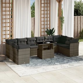 11 pcs conjunto sofás de jardim c/ almofadões vime PE cinzento
