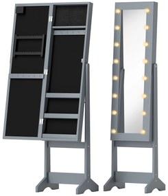 Espelho Joalheiro com Luzes LED Armário para Joias com Ângulo Ajustável  Prateleiras Ranuras para Anéis 36x30x136 cm Cinzento