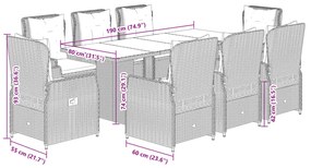 9 pcs conjunto de jantar p/ jardim com almofadões vime PE bege