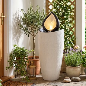 Fonte de jardim decorativa 34,5 x 34,5 x 92 cm em resina com 4 luzes LED quentes e cabo de 5 m para exterior (pátio, corredor), preto + cinzento