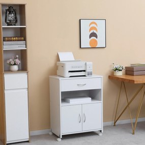 Armário para Impressora Móvel para Impressora com Rodas Gaveta 2 Portas e Compartimento Aberto para Sala de Estar Escritório Estúdio 60x39x80cm Branco