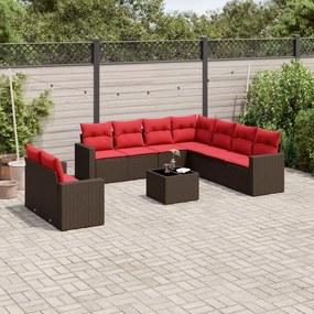 vidaXL 10 pcs conj. sofás jardim com almofadões vime PE castanho