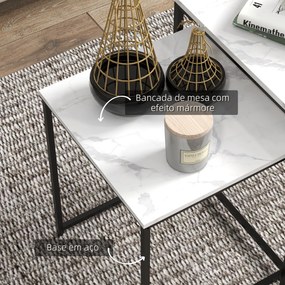 Conjunto de 3 Mesas Auxiliares para Sala de Estar com Efeito Mármore e Estrutura de Aço Estilo Moderno Branco e Preto