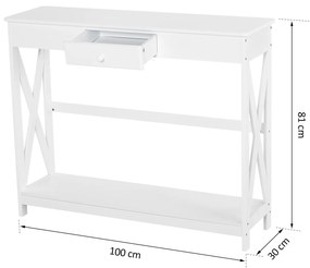 Mesa consola branca com prateleira 1 gaveta Armário com prateleira inferior 100x30x81cm Branco