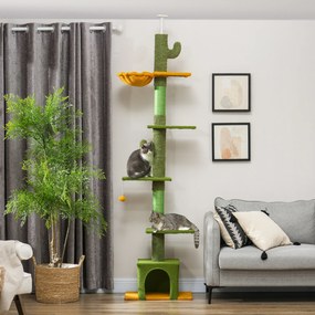 Arranhador para gatos, altura 275 cm, 6 níveis para gatos de interior, do chão ao teto, com plataformas, compartimentos abertos, casinha, rede, verde