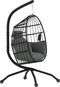 Cadeira Suspensa com Suporte Cadeira Baloiço de Jardim com Cesto Dobrável Almofada e Apoio para a Cabeça 120x88x192 cm Preto