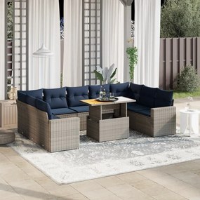 vidaXL 10 pcs conjunto sofás p/ jardim c/ almofadões vime PE cinzento