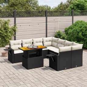9 pcs conjunto de sofás p/ jardim c/ almofadões vime PE preto