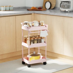 Carrinho Auxiliar com Rodas de 3 Níveis com Cestos Extraíveis Suporte para Toalhas e Estrutura de Metal 42x42,5x76 cm Rosa