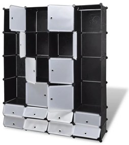 Armário plástico modular 18 gavetas 37x146x180,5cm preto branco