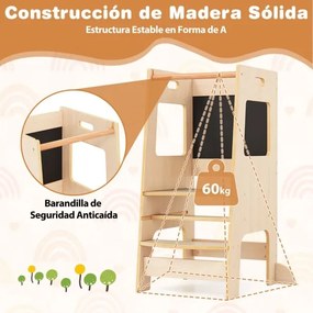 Banco de cozinha para crianças Torre de pé com quadro de actividades, altura ajustável e grade de segurança em madeira Natural