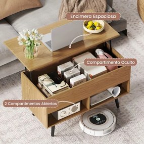 Mesa de centro elevável em madeira 80 x 40 x 44,5 cm com compartimento oculto e 2 prateleiras abertas para sala de estar, sala de recepção ou escritór