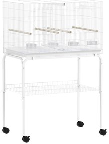 PawHut Gaiola para Pássaros com Divisória Rodas Gaiola para Aves com Comedouros Poleiros e Bandeja Removível 76x46x116 cm Branco | Aosom Portugal