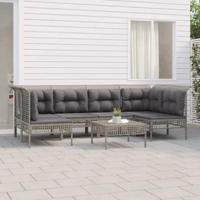 7 pcs conjunto lounge de jardim c/ almofadões vime PE cinzento