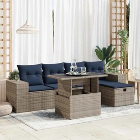 6 pcs conj. sofás jardim c/ almofadões vime PE/acácia castanho