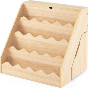 Estante de madeira para crianças 63 x 49 x 61,5 cm com 4 níveis, prateleiras abertas, gaveta com rodízios e caixa com tampa, em tom de madeira natural