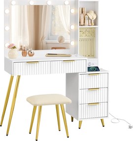 Toucador com banco 40 x 110 x 135 cm, e com espelho com luzes Led, gavetas Branco