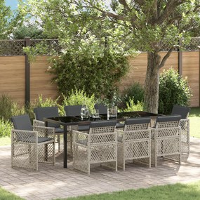 vidaXL Conjunto de Jantar para Jardim com 9 Peças e Almofadas Cinza Claro Rattan Poliéster
