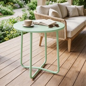 Mesa de centro de jardim com borda enrolada Ø48x51 cm,, base em X com pés ajustáveis em altura, para sala de estar na esplanada, verde