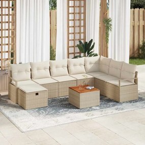 Conjunto de Sofá de Jardim de 9 peças com Almofadas Bege Rattan Poliéster