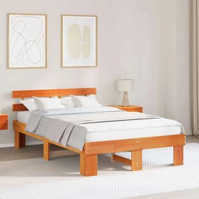 vidaXL Estrado de Cama com Cabeceira Castanho Encerado 140x190 cm de Madeira Sólida de Pinho