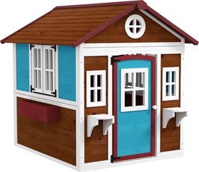 Casinha de Madeira Infantil com Porta Janelas Floreiras e Prateleiras com Detalhes de Cor 114x126,4x135 cm Castanho Escuro