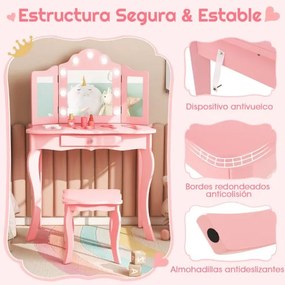 Conjunto de toucador e banco para raparigas 2 em 1 com espelho de vidro real triplo rebatível e gaveta Rosa