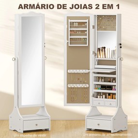 Espelho de Joias com Luzes LED Armário para Joias com Espelho de Ângulo Ajustável Gavetas Mesa Interior Dobrável Branco