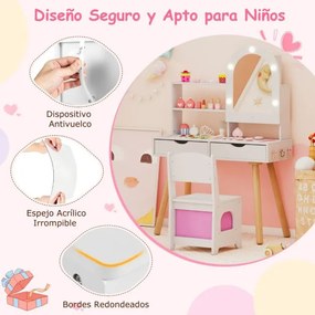 Toucador para crianças com 3 modos de iluminação colorida Brilho ajustável Estantes abertas e gavetas Branco