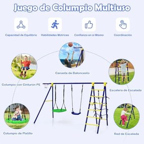 Conjunto de baloiço de jardim para crianças 5 em 1 com cesto de basquetebol Rede de trepar Estrutura metálica para parque de jardim295 x 138 x 176,5 c