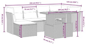 7 pcs conjunto de sofás p/ jardim com almofadões vime PE bege