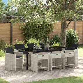 vidaXL Conjunto de Jantar de Jardim com 9 Peças e Almofadas Cinza Claro Vime Poliéster