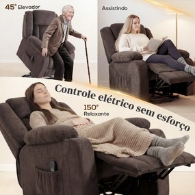 Poltrona Relax Reclinável Elétrica Elevatória com Porta USB Controlo Remoto Assento Largo Apoio para os Pés Castanho