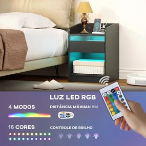 Mesa de Cabeceira com Luzes LED Gaveta 40x40x58 cm com Estação de Carregamento Entrada USB e Controlo Remoto Preta