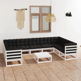 vidaXL 10 pcs conj. lounge de jardim c/ almofadões pinho maciço branco