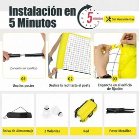 Rede de badminton 310 cm portátil ajustável em altura com postes, bolsa de transporte e 2 penas para interior e exterior Amarela
