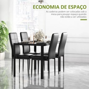 Conjunto de Refeição com Mesa Retangular de Vidro Temperado e 4 Cadeiras Estofadas em PU com Pés de Metal Preto